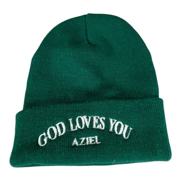 YP Classics God Loves You Aziel Beanie Hunter Green & White One Size Hat Cozy - Picture 3 of 7